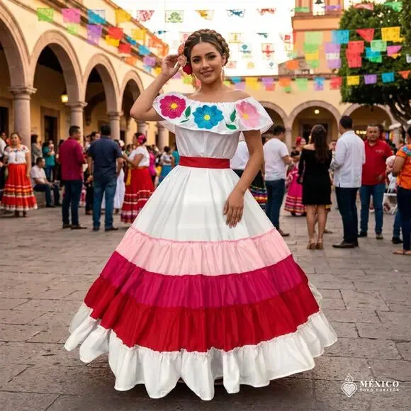 Mexican long skirt single circle waist has 4 ties that adjust to your waist